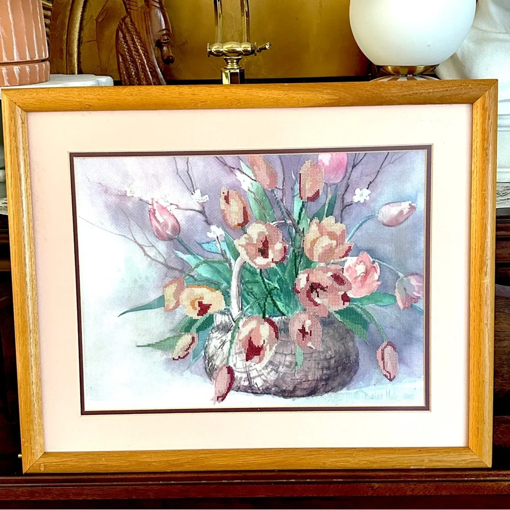 Vtg 1985 Tulip Embroidered Cross Stitch Barbara Mock Signed Floral Print Frame